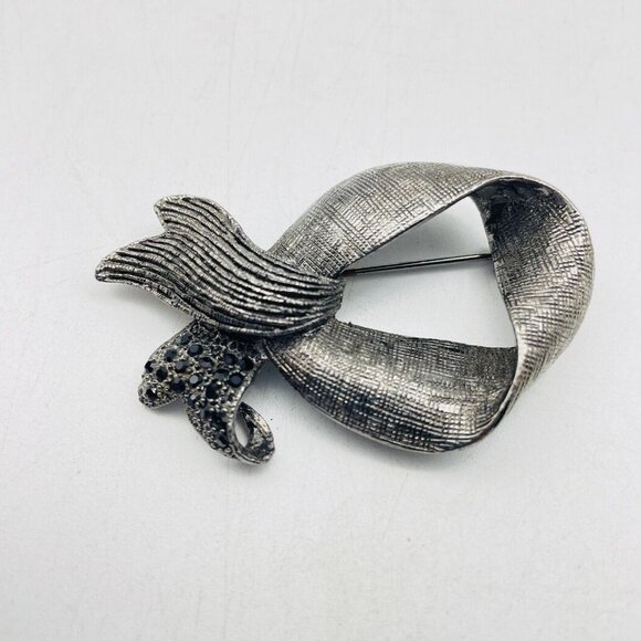 Brushed Ribbon Pin Oxidized Silver Tone Black Rhinestone Accents Awareness Gift - Picture 2 of 6